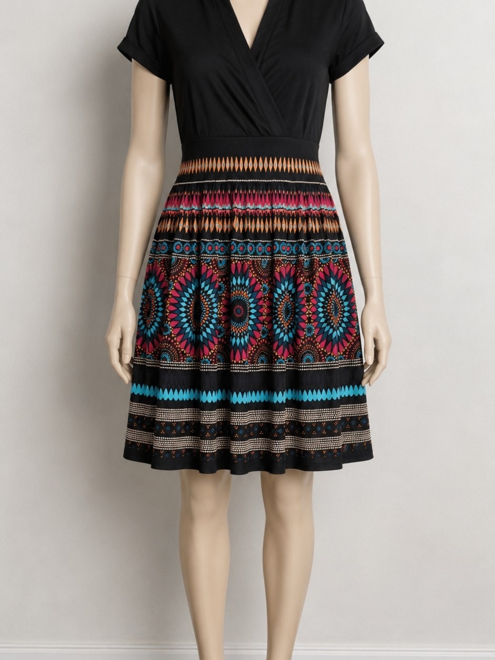 Black Multicolor Printed Dress With A-Line Skirt